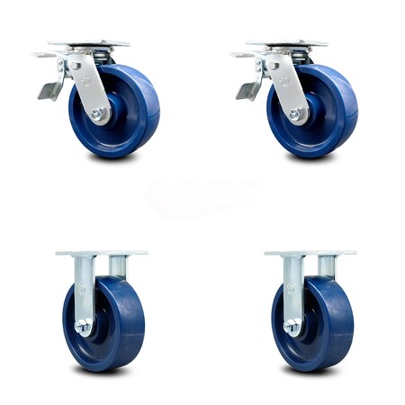 Service Caster 6 Inch Solid Polyurethane Caster Set with Roller Bearings 2 Brakes 2 Rigid SCC SCC-TTL30S620-SPUR-2-R-2